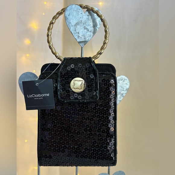 Liz Claiborne Handbags - Liz Claiborne Black Sequin Mini Bag with Gold Ring Handle